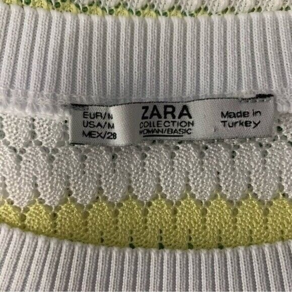 Zara White Green Yellow Knit Crochet Stripe Tee Shirt Medium Retro Y2K - Picture 5 of 7